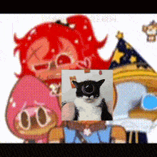 a picture of a cat is surrounded by a group of cartoon characters