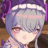 a girl with blue hair and a purple hat is looking at the camera .