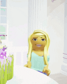 a girl with blonde hair and blue eyes is sitting at a table with a vase of flowers .