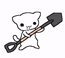 a white cat is holding a shovel with a wooden handle .