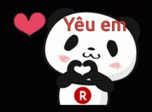 a panda bear is making a heart shape with its hands and says yêu em in red letters