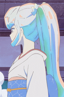 a drawing of a girl with long blue hair and a ponytail