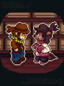 a pixel art of a cowboy and a girl talking