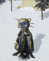 a cartoon character is standing in the snow holding a clock