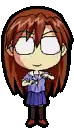 a pixel art of a girl wearing glasses and a blue skirt .