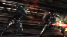 two soldiers are fighting each other and one is holding a fire sword