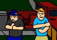 two men standing next to each other with their arms crossed in front of a red truck