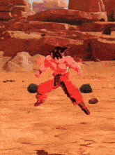 a cartoon of a man in red pants standing in the desert