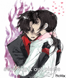 a drawing of two people hugging with the caption aww hug it out piecie picmix