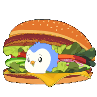 a penguin is peeking out of a hamburger with lettuce and cheese