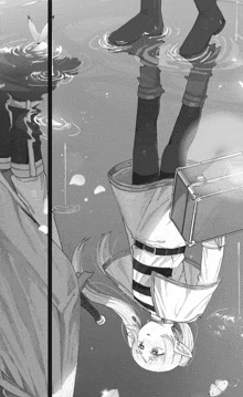 a black and white drawing of a girl hanging upside down