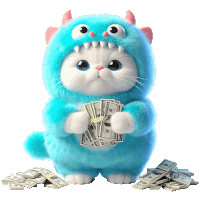 a stuffed animal in a blue monster costume holds a pile of money