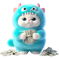 a stuffed animal in a blue monster costume holds a pile of money