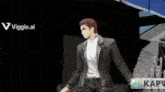 a man in a suit stands in front of a sign that says vigle.ai