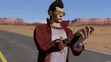 a man wearing sunglasses and a red jacket is holding a wallet with the number 17 on it