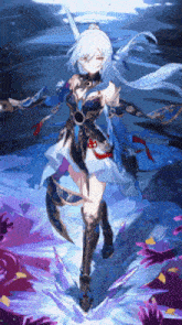 a girl with long white hair and a sword is standing in a field of flowers .