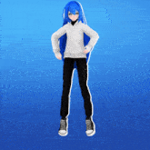 a girl with blue hair is wearing a white hoodie and black sweatpants