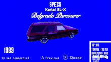 a blue screen with a red car on it that says specs kartal sl-x belgrade parcourir