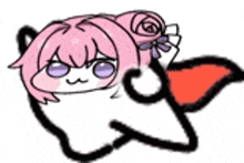 a drawing of a girl with pink hair and purple eyes laying down on a white surface .