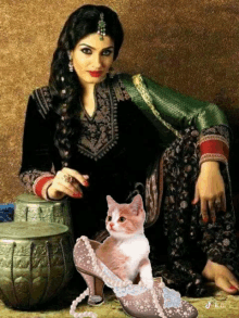 a painting of a woman sitting next to a cat and a shoe with pearls