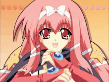 a cartoon girl with pink hair and a white bow on her head