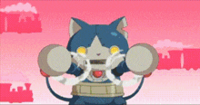 a cartoon cat is holding a pair of drums .