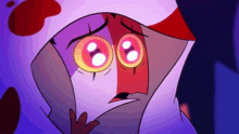 a cartoon character with glowing eyes and a purple background