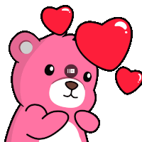 a pink teddy bear with red hearts on its head