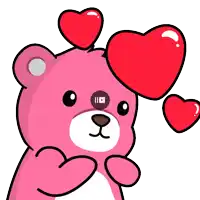 a pink teddy bear with red hearts on its head