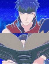 a man with blue hair is reading a book with a blue background