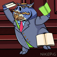 a cartoon of a pig in a suit and tie holding two books