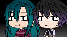 a boy with purple hair and a girl with blue hair are standing next to each other