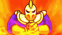 a pixel art drawing of a superhero in a purple and yellow costume with a helmet on .