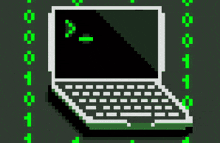 a pixel art illustration of a laptop computer with a green screen and a green binary code behind it .