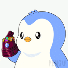 a blue and white penguin is holding a purple object with the word pengu on the bottom
