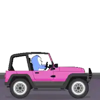 a pink jeep with a penguin in it is driving past a welcome miss sign