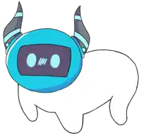 a cartoon drawing of a robot with a blue helmet and horns