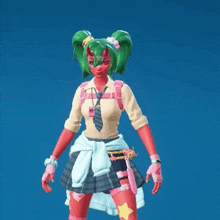 a girl with green hair and horns is wearing a tie and gloves