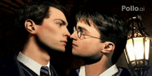 two men are touching noses in front of a lamp and the word pollo is on the bottom