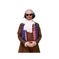 a man wearing a wig and sunglasses is dressed as george washington