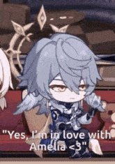 a cartoon character is sitting on a couch and says yes i 'm in love with amelia < 3 "