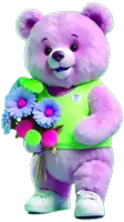 a purple teddy bear wearing a green vest is holding a bunch of flowers