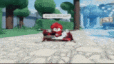 a cartoon character is sitting on a stone walkway in a video game with trees in the background .