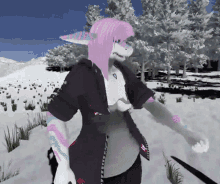 a furry character with purple hair is standing in the snow with trees in the background