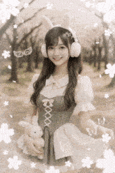 a girl wearing headphones and bunny ears holds a stuffed bunny