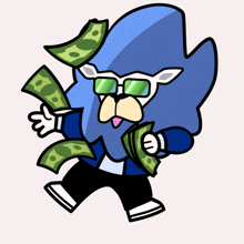 a cartoon drawing of a dog wearing sunglasses and holding a bunch of money