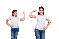 a woman and a little girl are showing off their muscles