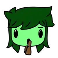 a cartoon drawing of a person with green hair holding a finger to their mouth