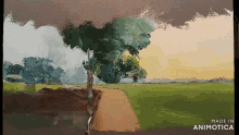 a painting of a tree and a dirt road is made in animatica