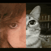 a woman 's face is shown next to a cat 's face